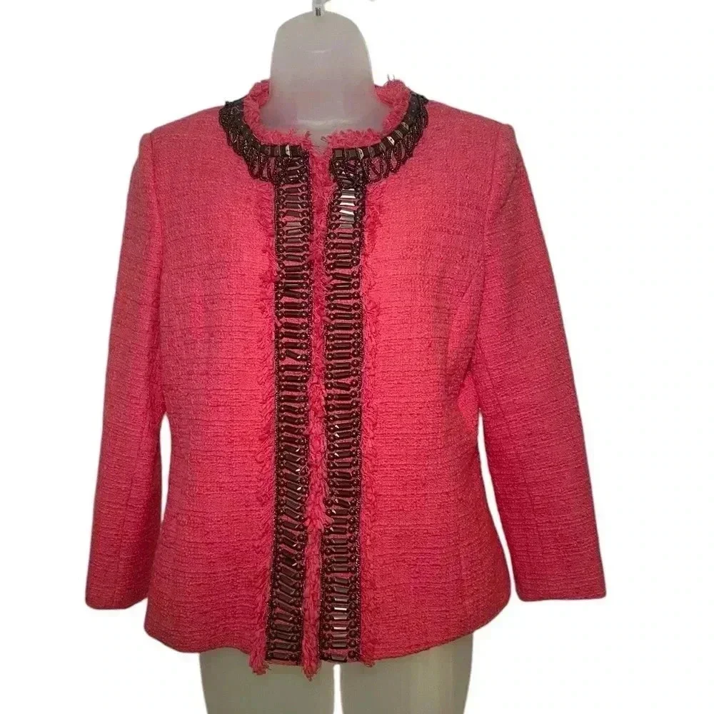 Boston Proper Coral Tweed Blazer Size 10 Chain Trim Embellished Cotton Jacket